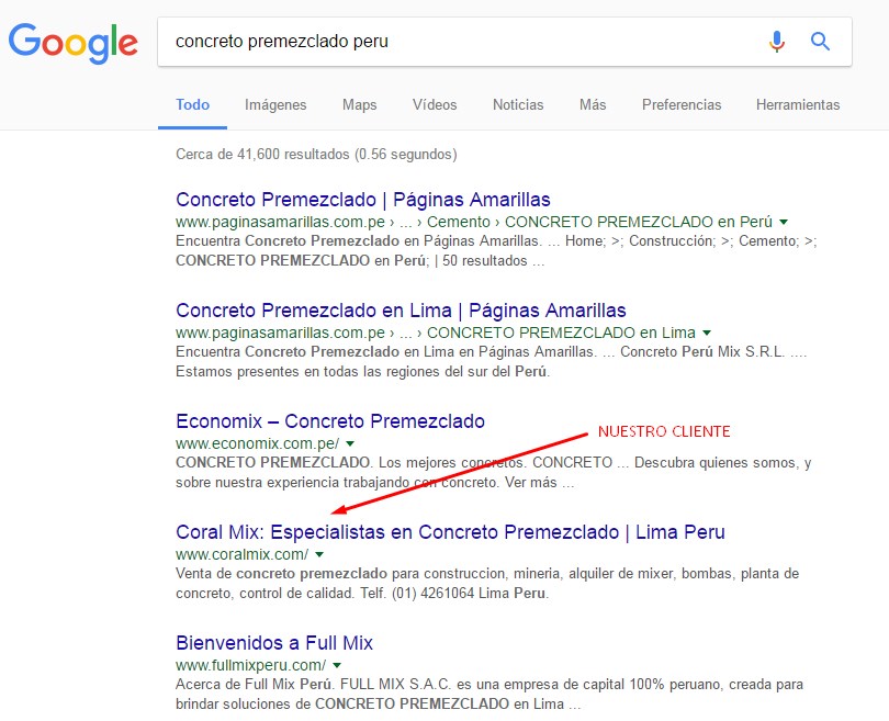 Concreto Premezclado en Peru - Caso de Posicionamiento web en Google SEO B2B